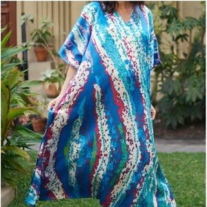 NWT Caress Blue Mix S-4XL Lounge Coverup Robe Resort Wear Maxi Dress Gown Kaftan